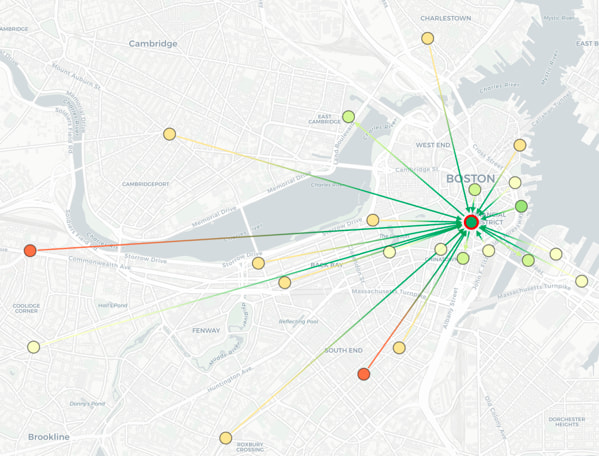 screenshot of chart using maps and links with colour gradients