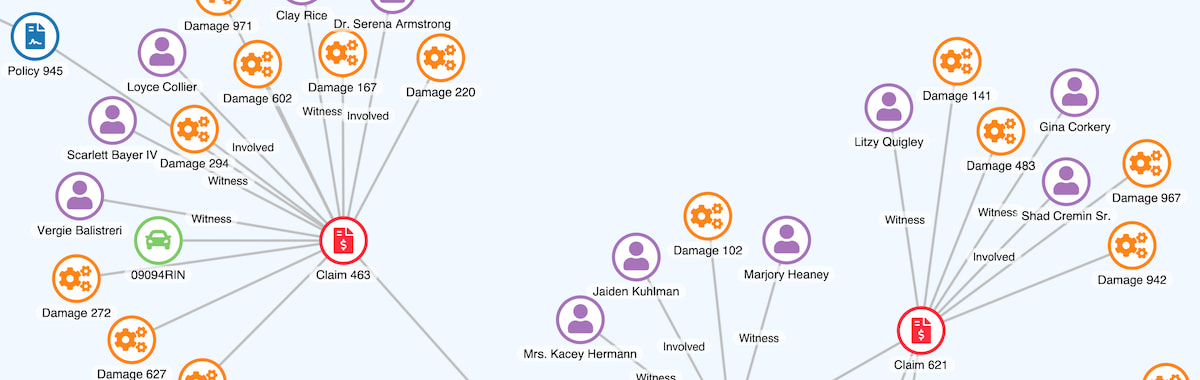 A screenshot from Insurance Fraud Analysis demo with nodes indicating insurance claims, witnesses, involved parties and damages