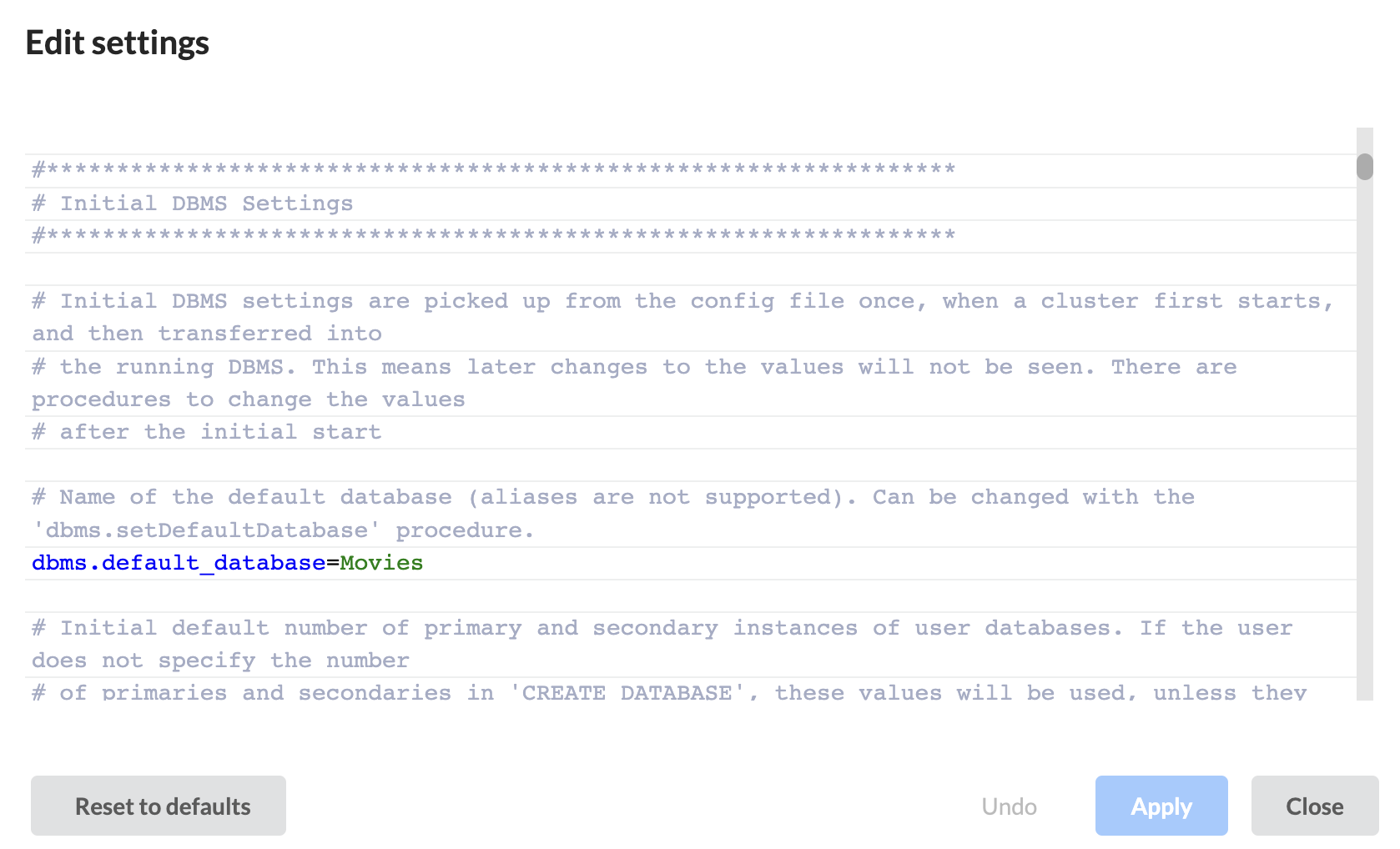 Neo4j desktop Settings window